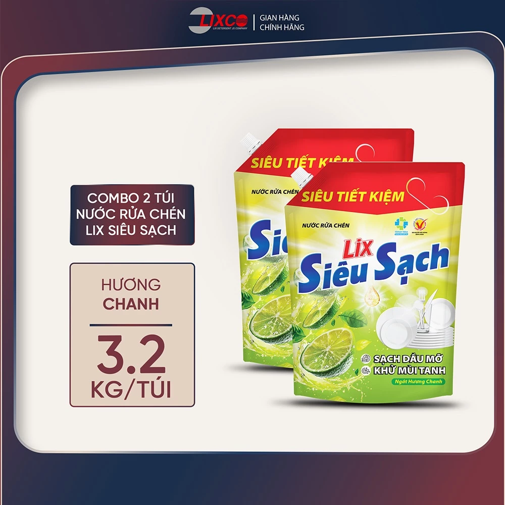 Combo 2 túi nước rửa chén LIX 6.4KG siêu sạch siêu tiết kiệm, làm sạch vết bẩn dầu mỡ không hại da tay, Lixco Việt Nam