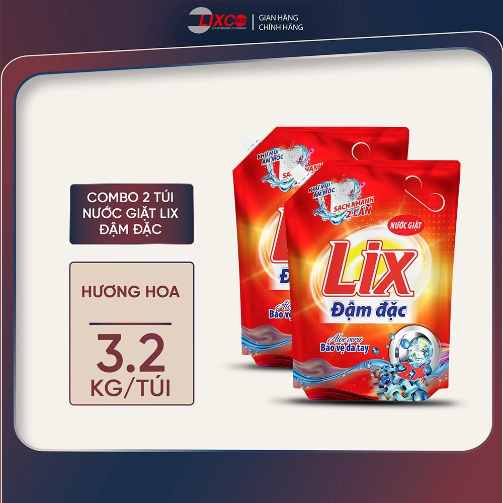 Combo 2 Túi nước giặt Lix đậm đặc hương hoa túi 3.2kg/ túi làm sạch cực nhanh vết bẩn