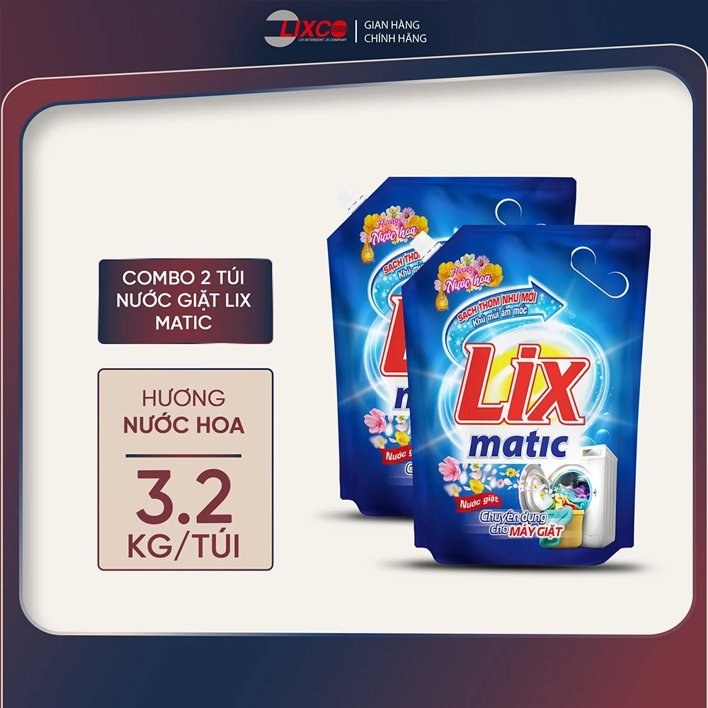 Combo 2 túi nước giặt Lix Matic hương nước hoa  3.2kg giặt tẩy mọi vết bẩn cứng đầu dùng cho máy giặt cửa trước