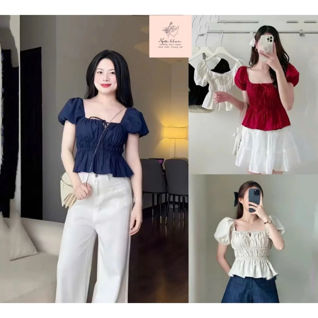 Áo kiểu tiểu thư  Babydoll thắt nơ tay bồng tôn dáng che khuyết điểm  cho nữ