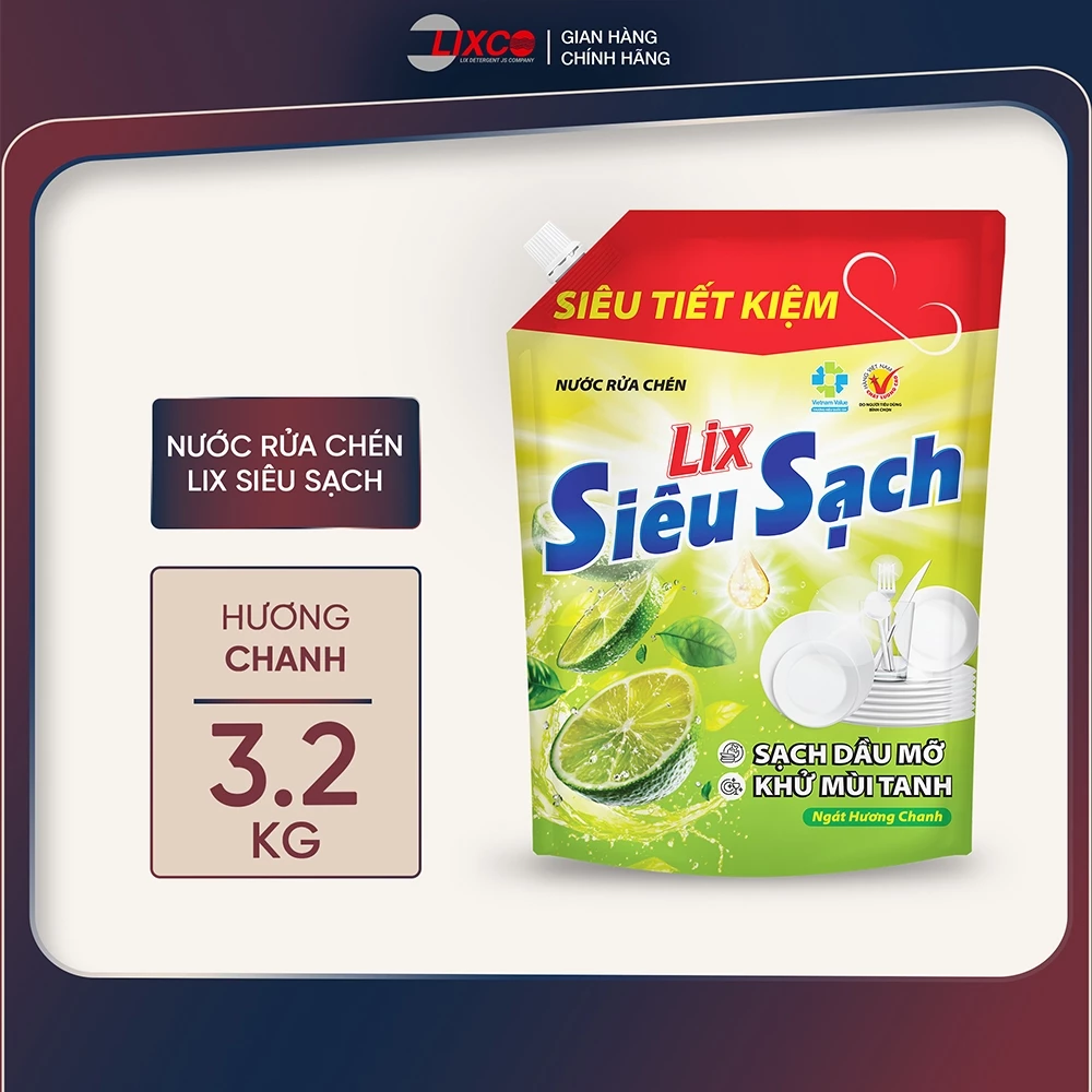 Nước rửa chén LIX 3.2KG siêu sạch các hương loại túi làm sạch vết bẩn dầu mỡ không hại da tay