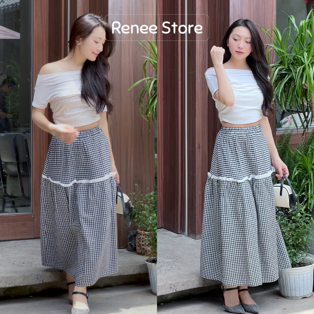 (ẢNH THẬT) Chân váy midi viền bèo họa tiết kẻ caro, váy dài dáng xòe lưng chun Renee Store - V0124