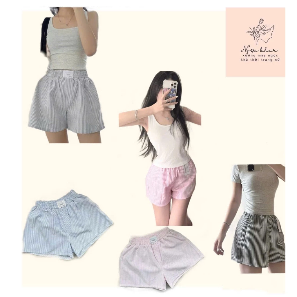 Quần Đùi Nữ Kẻ Sọc Ba màu Vải Mềm Dáng Xuông , Ống Rộng Vải Kate Cotton Kẻ Caro Mỏng Thoáng Mát