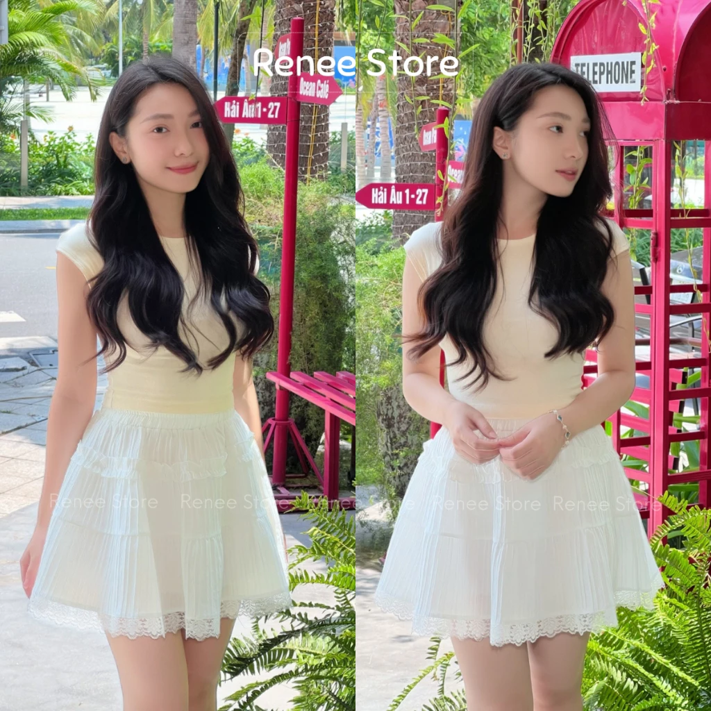 Chân váy xoè cạp chun viền ren có lót trong, váy dáng ngắn 3 tầng phong cách ulzzang Renee Store - V611