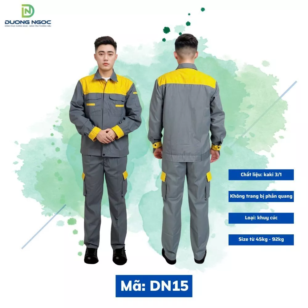 Quần Áo Bảo Hộ Lao Động, Đồ Công Nhân, Đồng Phục BHLĐ Nam Nữ Màu Xám Chì Phối Vàng, Thấm Hút Mồ Hôi Đủ Size DN15