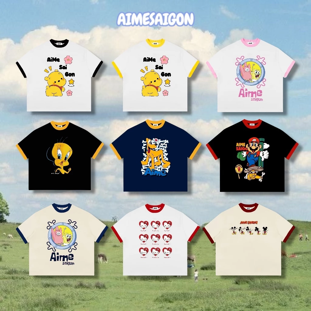[AHH02 Ver2] Áo Thun Boxy AIMÉ Cotton 250gsm Cổ Tròn Nam Nữ "PHỐI MÀU CARTOON" Áo Phông Form Rộng Mùa Hè Kiểu Đẹp