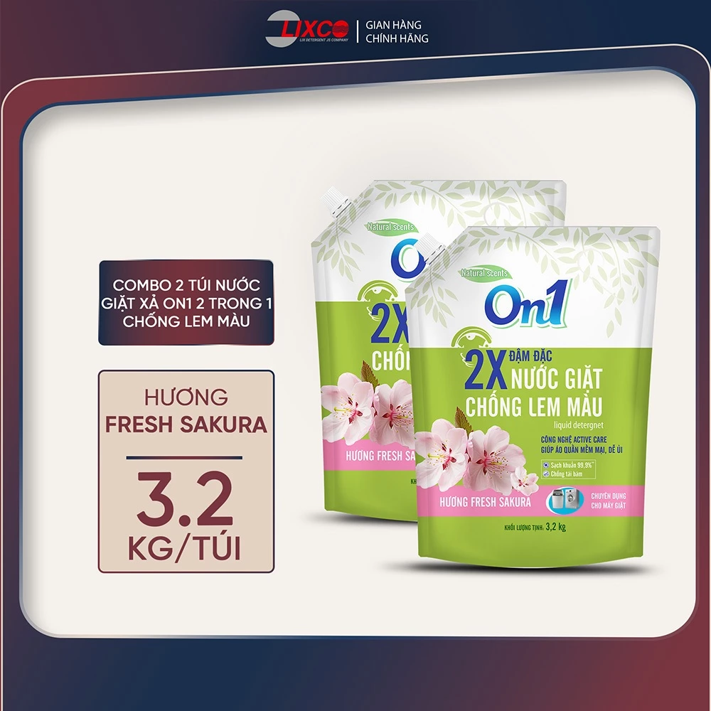 Combo 2 túi nước giặt xả On1 chống lem màu hương Fresh Sakura 3.2Kg/ túi 2C- 20602 sạch khuẩn, khử mùi