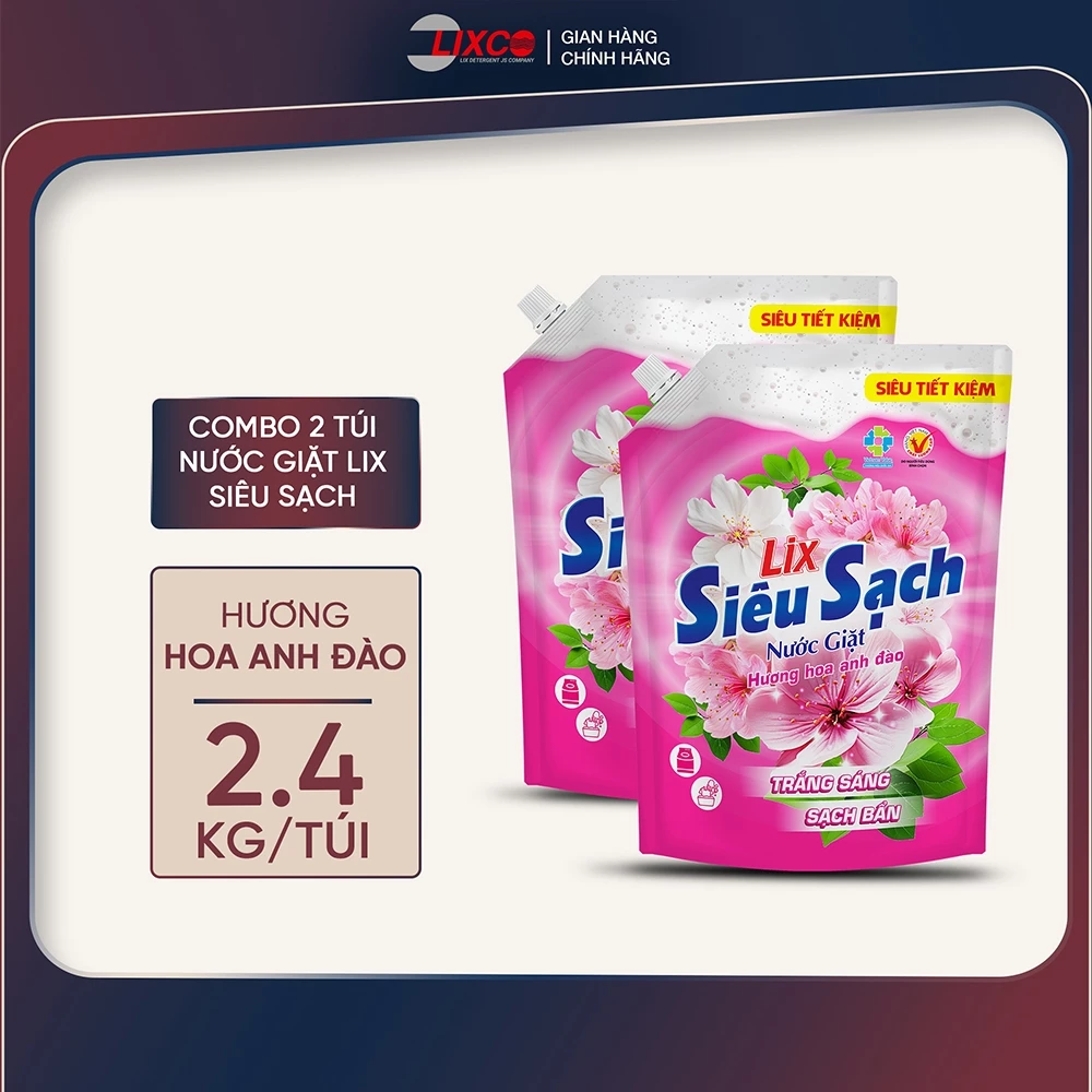 Combo 2 túi nước giặt Lix Siêu Sạch dung tích 2.4kg/túi các hương, 2C-N2503 - Lixco Việt Nam