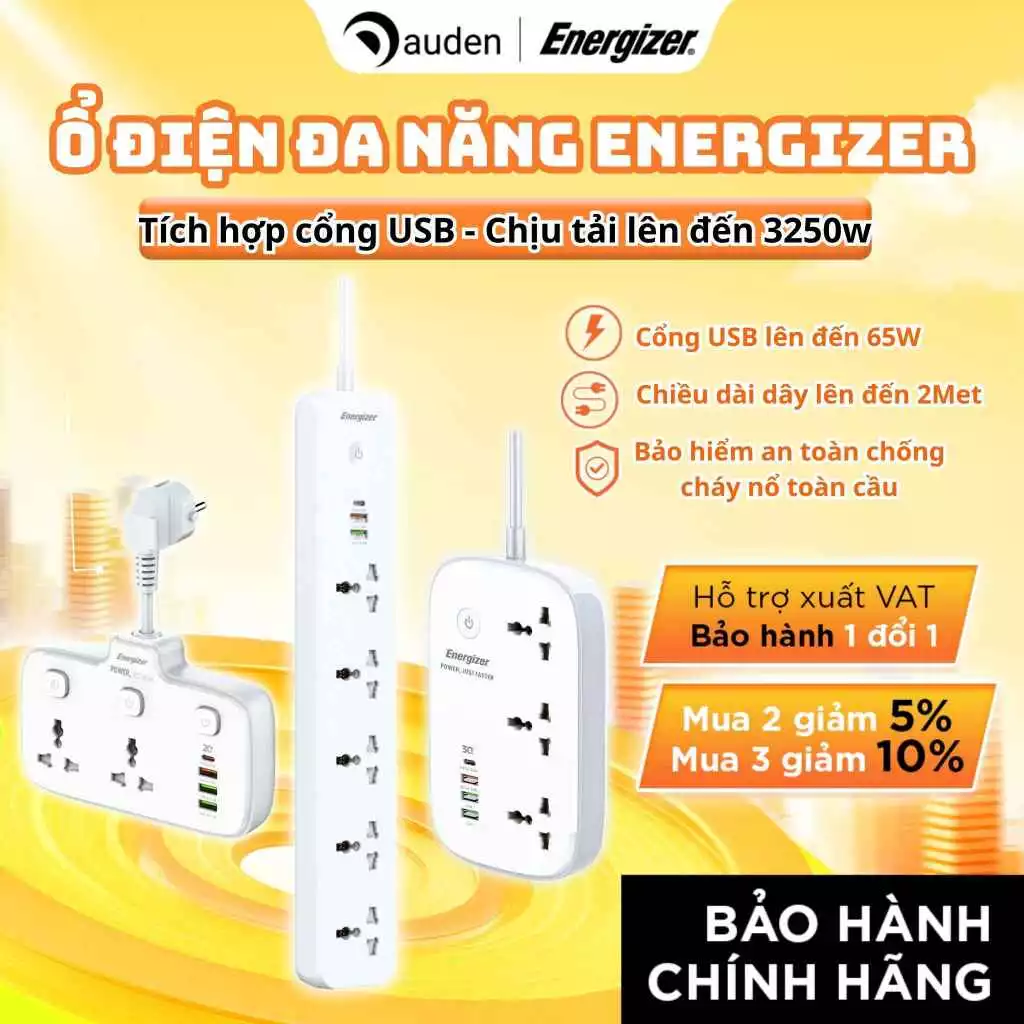 Ổ điện đa năng Energizer thông minh, sạc nhanh Type-C chịu tải lên đến 3250W - Hàng chính hãng