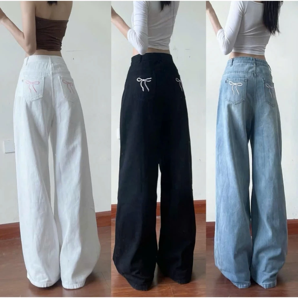 Quần jean Nữ Suông, Quần Baggy Jean Nữ Ống Rộng thêu nơ chất bò mềm thời trang trẻ trung - MQ073