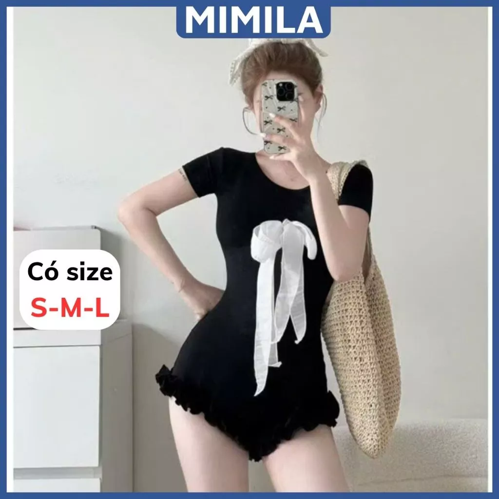 [CÓ SIZE] Jumpsuit Đùi Ngắn Tay Phối Nơ Đính Ngực MIMILA Áo Liền Quần Bodysuit Đi Biển Đi Bơi Chất Thun Tăm - MBS049