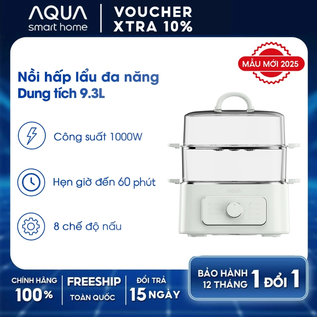 Nồi lẩu hấp đa năng AQUA ES902W 9.3L hẹn giờ đến 60 phút, 8 chế độ đa dạng công suất 1000W