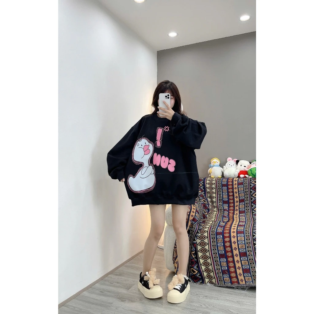 ( DEAL MỞ BÁN ) ÁO NỈ COTON SWEATER BOXY CHẤT NỈ BÔNG ĐANH DÀY VỊT MỎ HỒNG