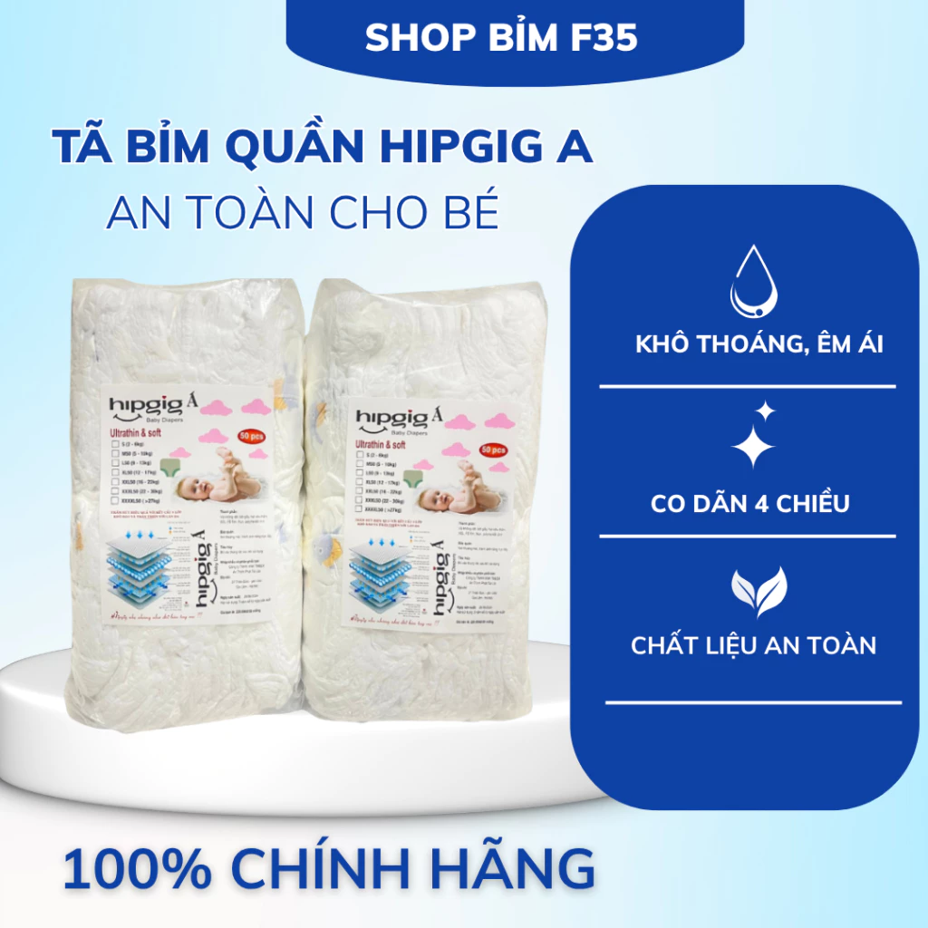 COMBO 50-100 miếng bỉm quần HIPGIG A ,bản nâng cấp, bao bì xịn, đủ size /M/L/XL/2XL/3XL cho bé yêu