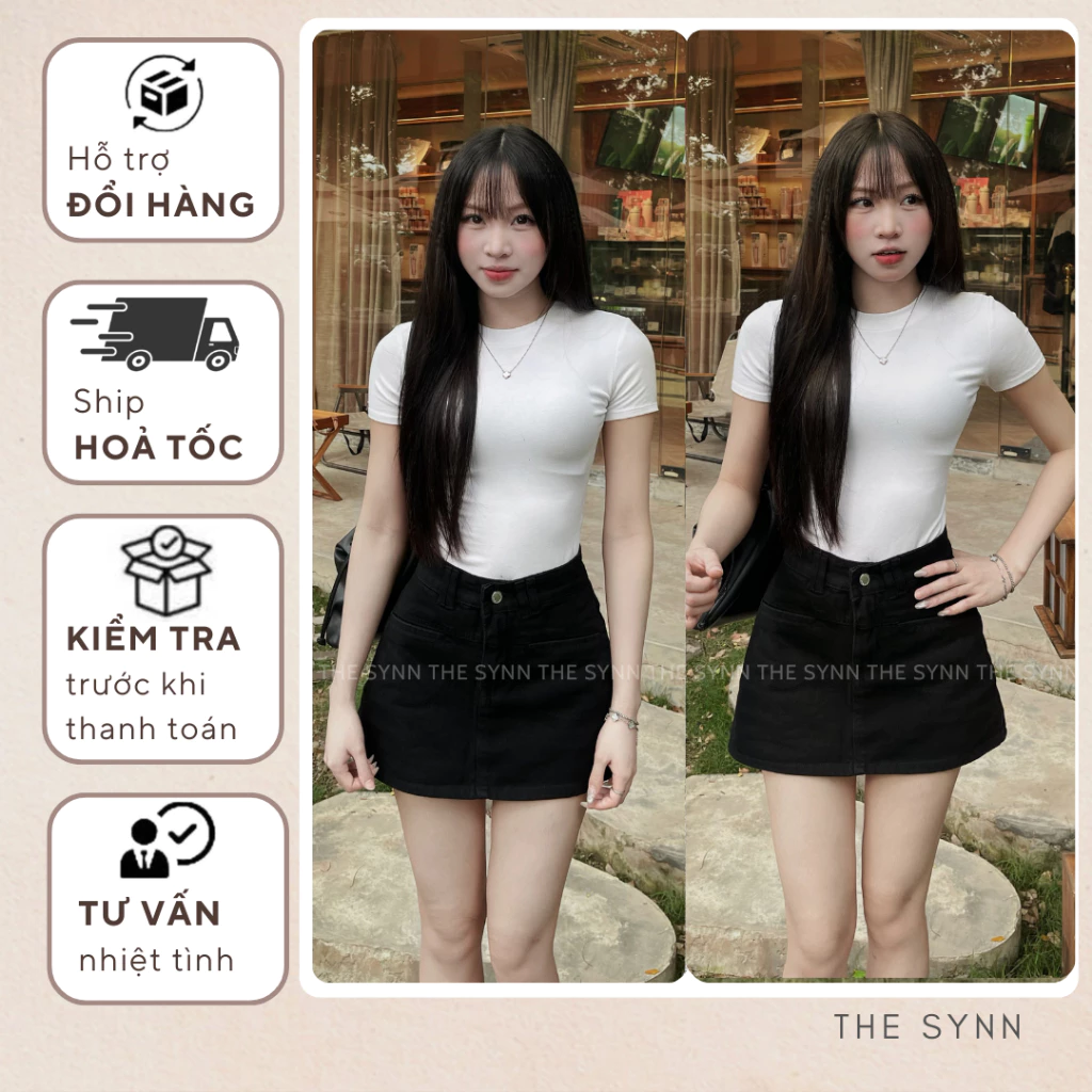 CV02 - Chân Váy Jeans Nữ Đen Kèm Lót Quần Trong Phối 2 Túi Trước Sau