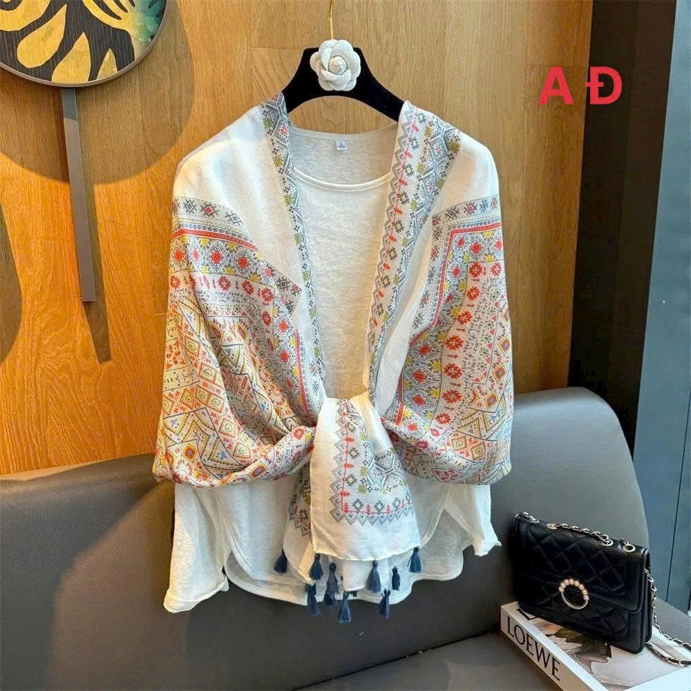 Khăn choàng lụa cotton vải lanh phong cách thổ cẩm,dân tộc chống nắng thời trang
