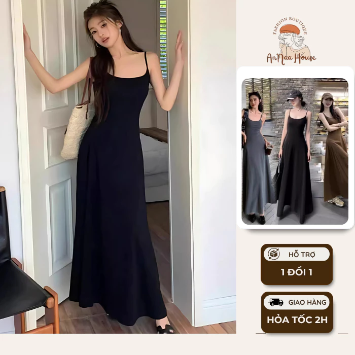 (Có bigsize) Váy ôm body dáng dài ANNA HOUSE Váy hai dây body dáng dài có nút điều chỉnh co giãn tốt chất thun tăm lạnh