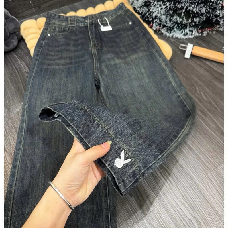 ( NẤM 95CM QC) QUẦN JEANS NỮ SUÔNG NẤM THÊU THỎ DÀI 95CM CHẤT JEAN CAO CẤP KO GIÃN, BASIC SIÊU HACK DÁNG