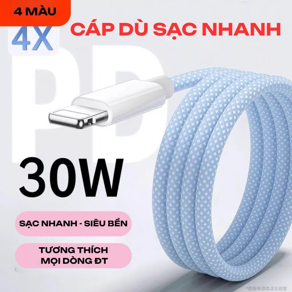 Dây sạc nhanh PD30W, Cáp dù bện lưới chống đứt gãy, An toàn- Bền bỉ, Hỗ trợ sạc nhanh cho mọi dòng điện thoại-BH12T
