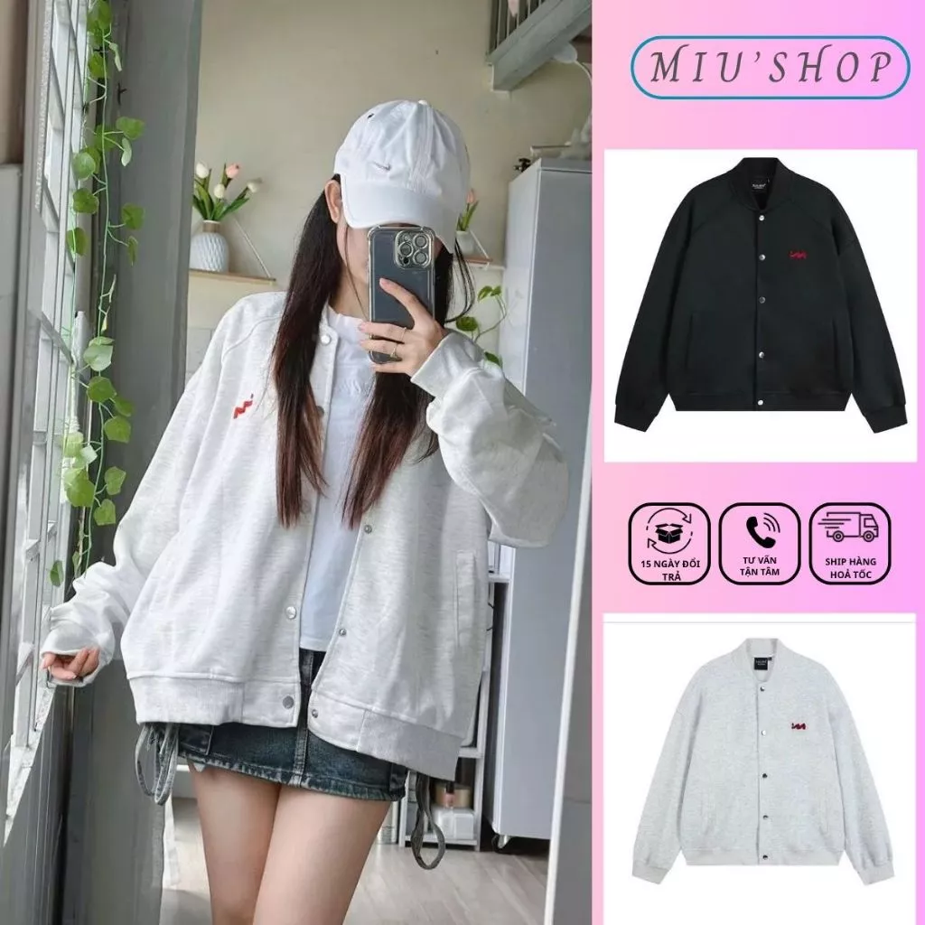 Áo khoác BOMBER thêu logo chữ M siêu đẹp, Áo khoác boxy cúc bấm chất nỉ 2 da dày dặn-MIUMIU