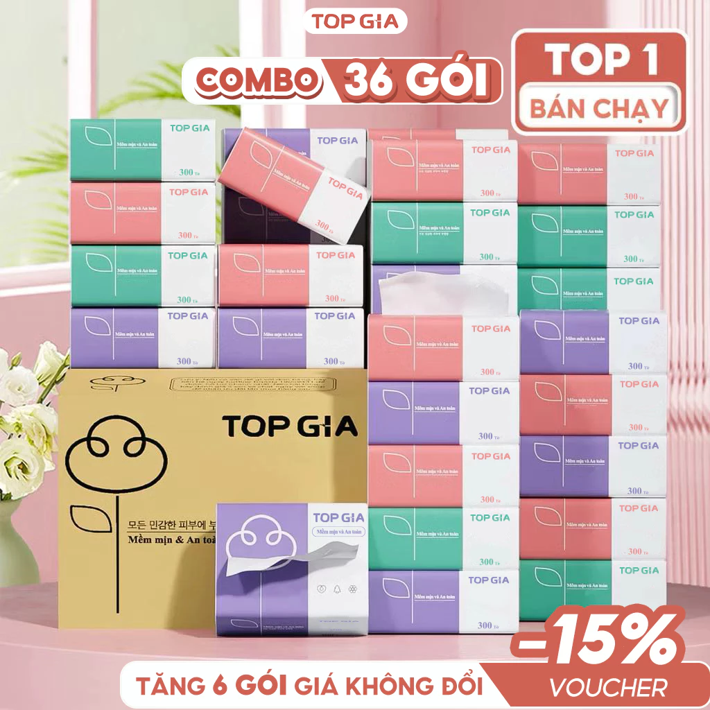 Thùng 30, 36 gói giấy ăn rút Topgia 3 màu cao cấp 4 lớp dày dặn, mềm mịn