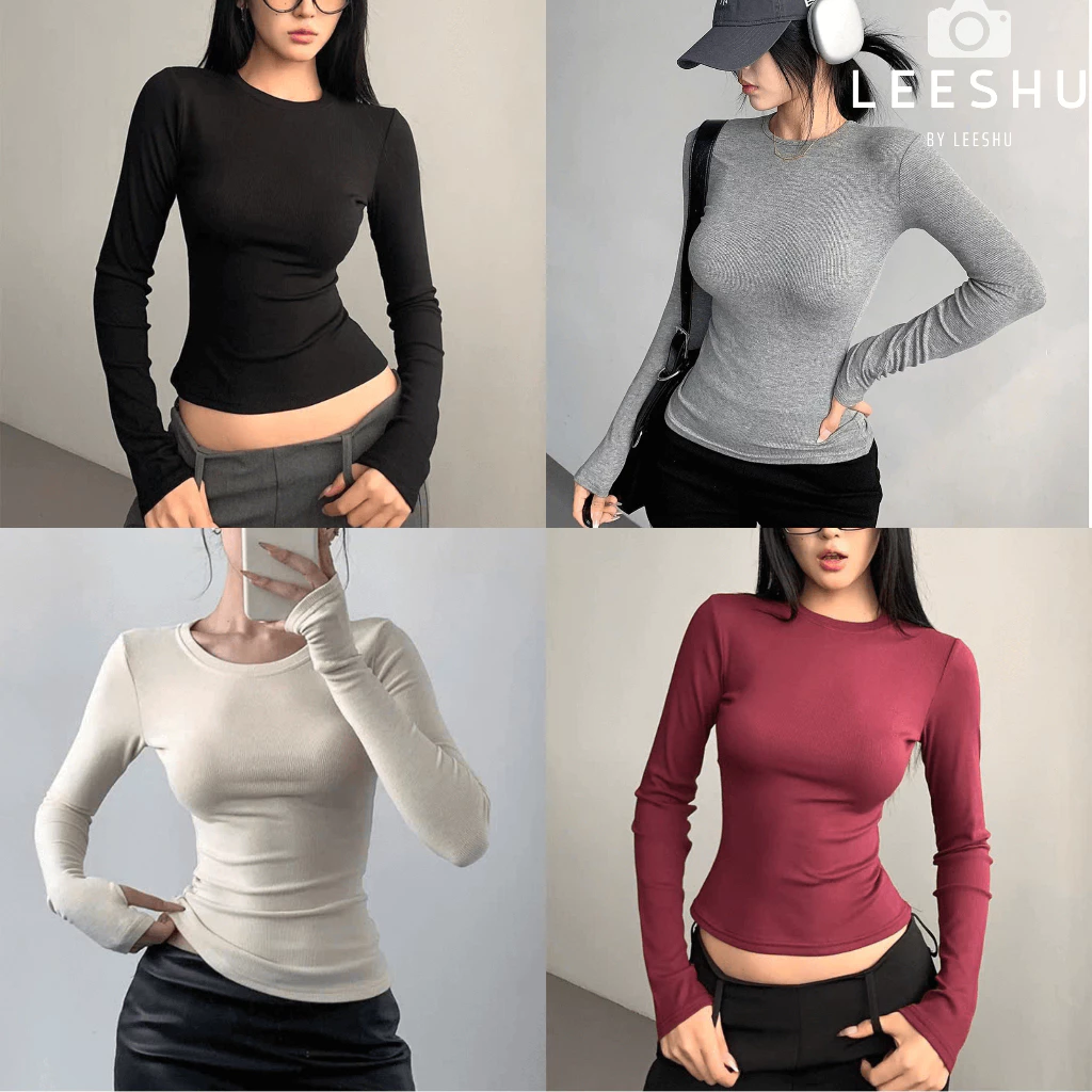Áo thun tăm ôm body giữ nhiệt Bigsize nữ tay dài cổ tròn form ôm body Leeshu,chất vải thun tăm mềm mại co giãn 4 chiều