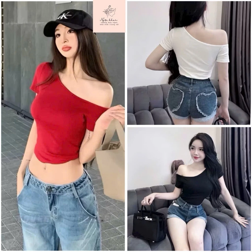 [ COMBO 2 ÁO ] ÁO LỆCH VAI ÔM BODY TAY NGẮN CHẤT THUN CO GIÃN, MỀM MẠI