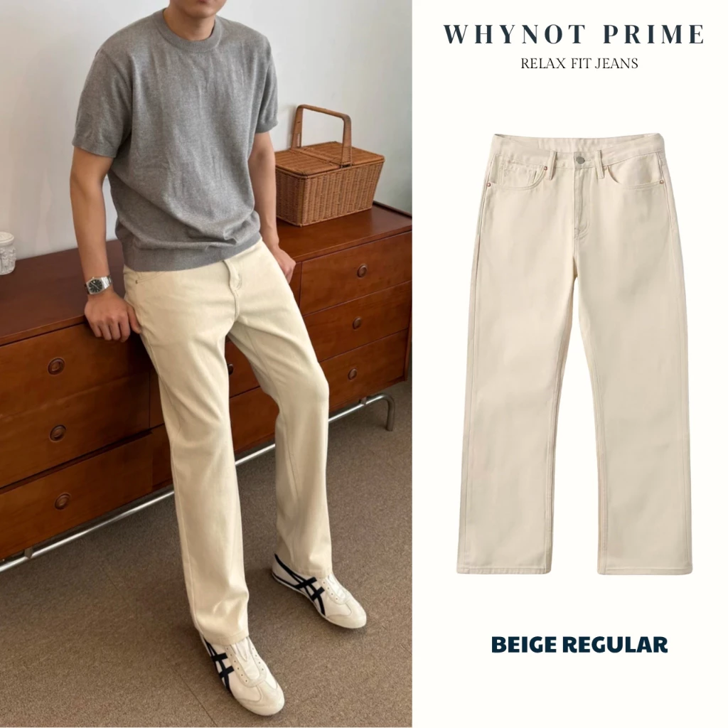 Quần Jean Nam Ống Suông Đứng màu Be Beige Regular WN PRIME, Quần Bò Nam Form Suông Rộng Có BigSize