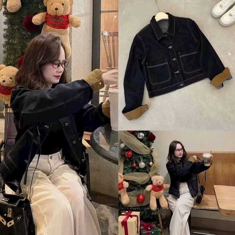 Áo Khoác Jeans Nữ Túi Hộp Viền Chỉ Nồi Màu Xanh Than Phối Vải Tay Áo Dáng Lỡ Form Rộng Phong Cách Cá Tính