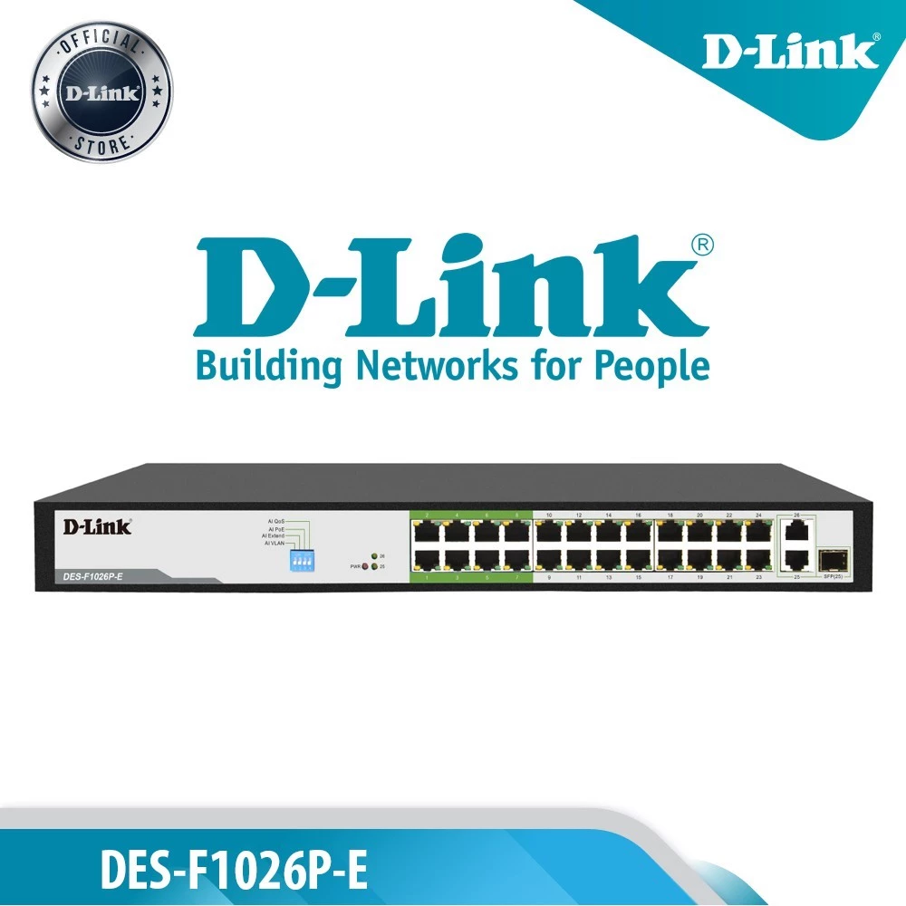 D-LINK DES-F1026P-E - Bộ chia cổng mạng có PoE 24 cổng 100Mbps và Gigabit Combo