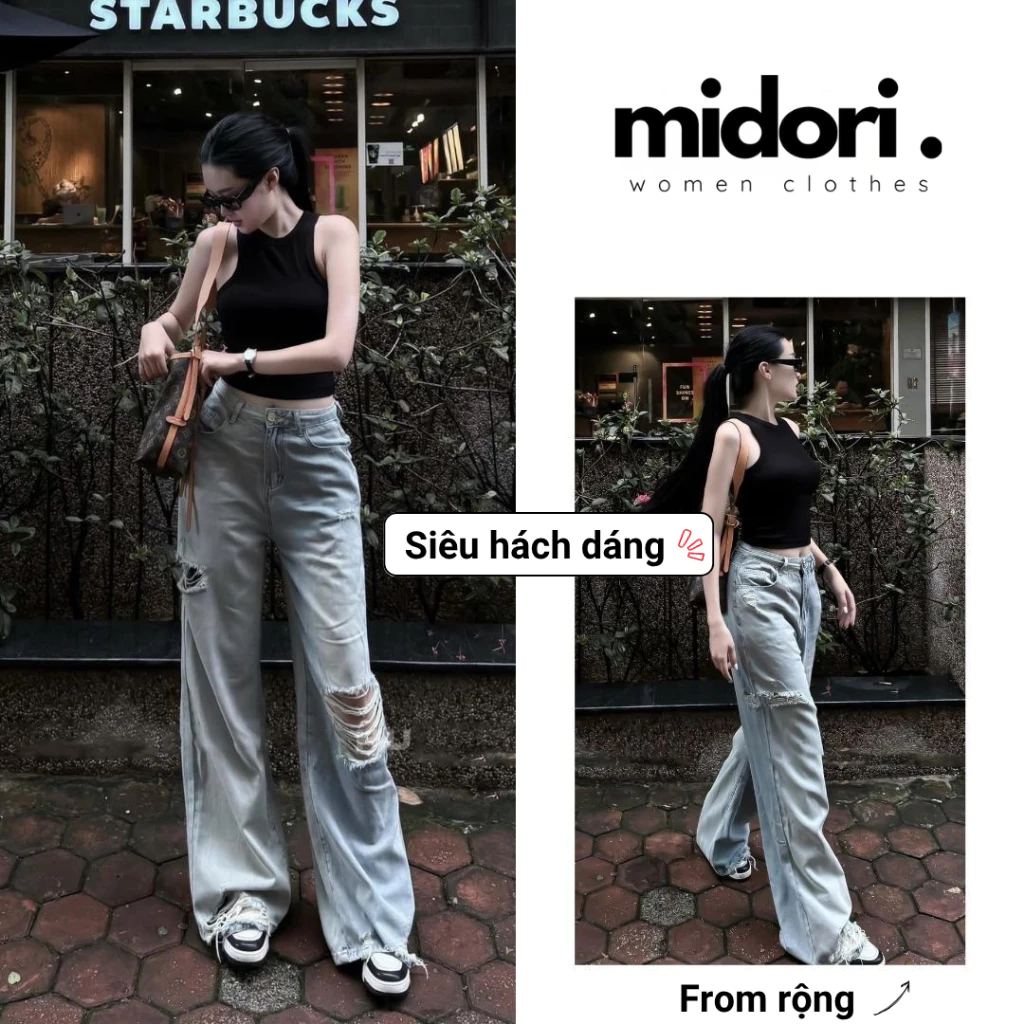 Quần Jean Nữ Ống Rộng Rách Gối Lưng Cao Midori Fashion, Quần Jean Suông Cá Tính Dễ Phối Đồ S037
