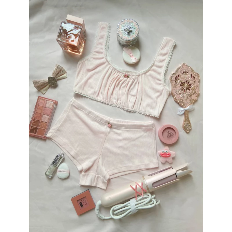 (Hàng mới về) Set đồ ngủ tí hon cotton thông hơi viền ren, An Toàn Cơ Bản Dành Cho Nữ mặc ở nhà thoải mái mát mẻ, Quần đ