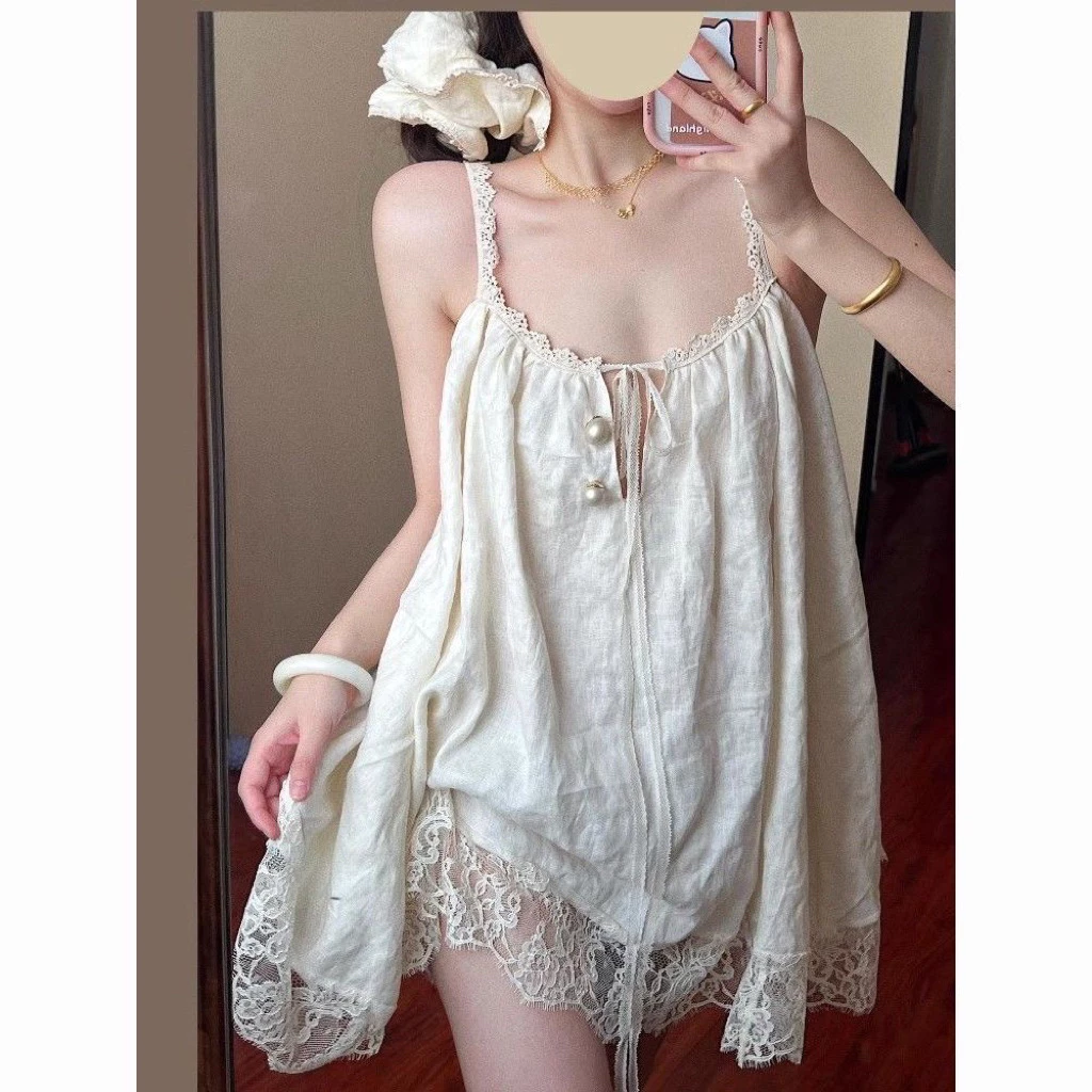 Sexy Nightgown dành cho phụ nữ ren ren treo pyjamas Cloud cotton mùa hè cao cấp và áo vest cỡ lớn quần áo nhà