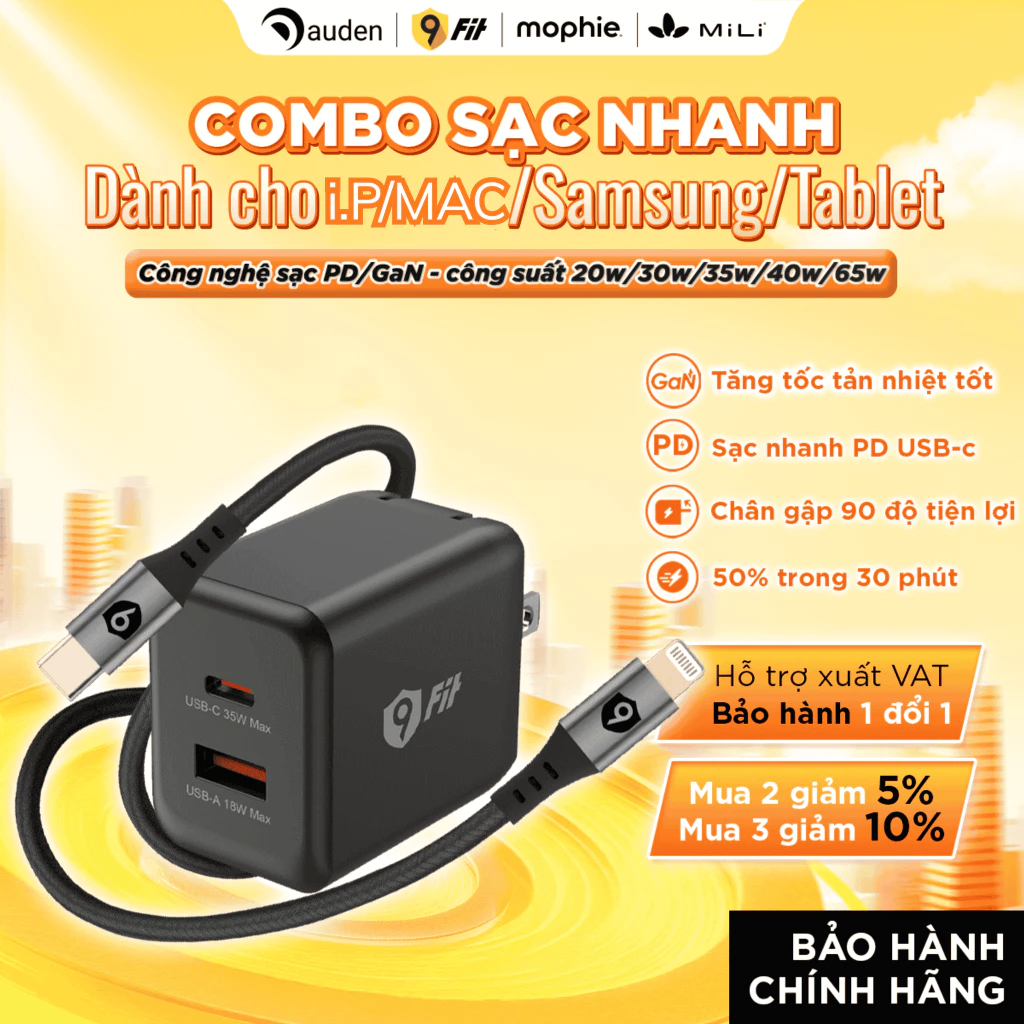 Combo sạc nhanh 9fit 20w/35W/65W công nghệ GaN PD cho iPhone/tablet/android - Bảo hành chính hãng