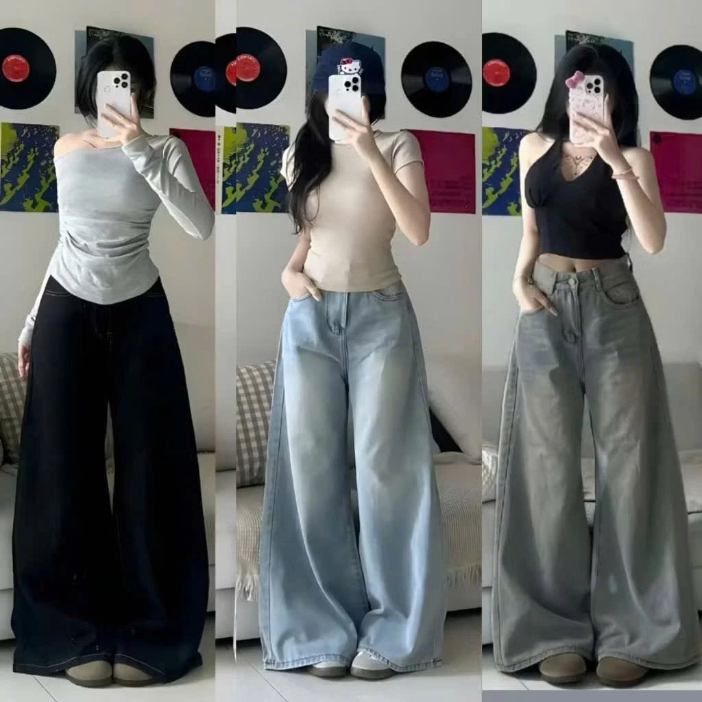 Quần jean bò ống suông rộng ống 33 cm jeans cạp cao phong cách style ms306