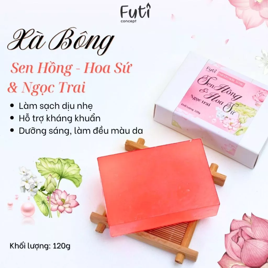 Xà Bông Handmade, Xà Bông Sen Hồng, Hoa Sứ & Ngọc Trai 120gr, Làm Sạch Dịu Nhẹ, Dưỡng Da Sáng Mịn, Thơm Mát Tự Nhiên