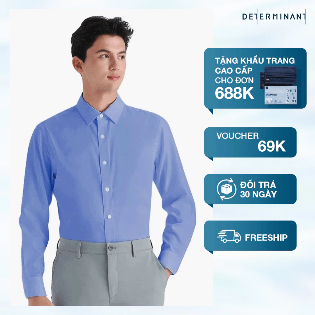Áo sơ mi nam tay dài DETERMINAT 100% Cotton, chống nhăn mềm mại thấm hút tốt - 201 - màu Light Blue