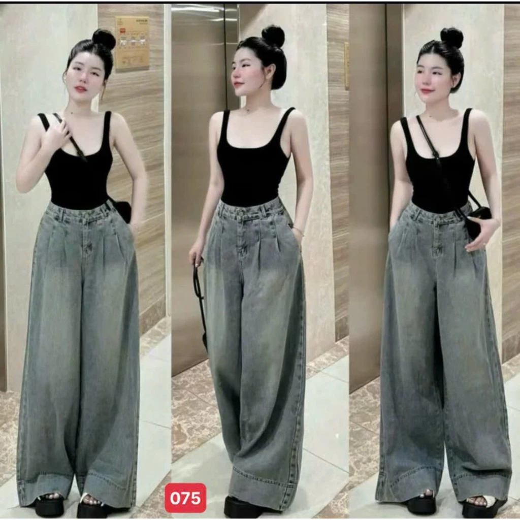 Quần jean Nữ Suông Lưng Cao, Quần Baggy Jean Nữ Ống Rộng chất bò mềm thời trang trẻ trung - MQ075