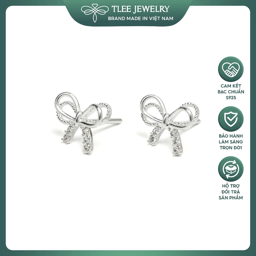 Khuyên tai bạc nữ TLEE nơ thắt cánh kép đính đá xinh xắn, dịu dàng TLEE JEWELRY B0625