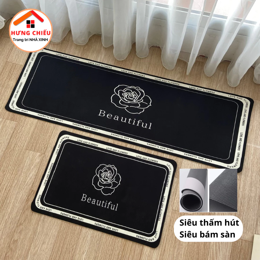 Thảm bếp 2 tấm 40x60cm và 40x120cm đế cao su chống trơn trượt thấm hút nước trang trí nhà cửa ED09