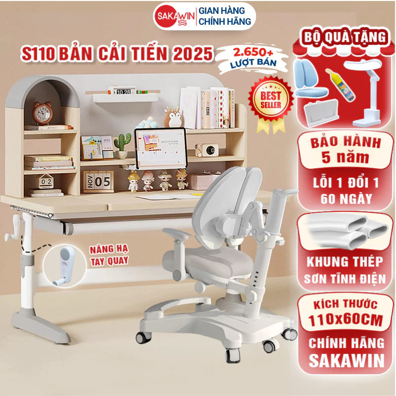 (Bản Cải Tiến) Bộ bàn học chống gù Sakawin S110 Bàn học cho bé Điều chỉnh chiều cao bằng tay quay.