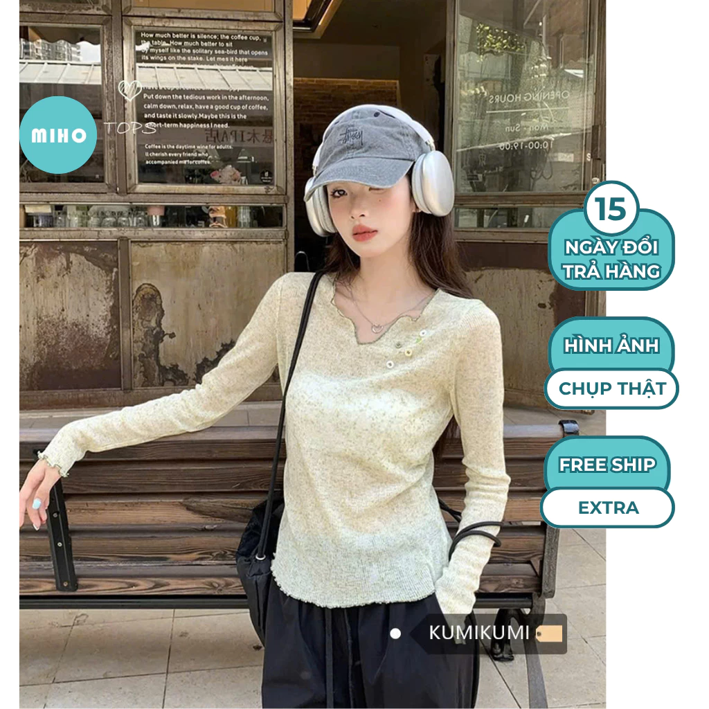 Áo Thun Dài Tay Thu Đông Chất Vải Len Dệt Cổ V, Áo Kiểu Uốn Sóng Điệu Đà Miho House