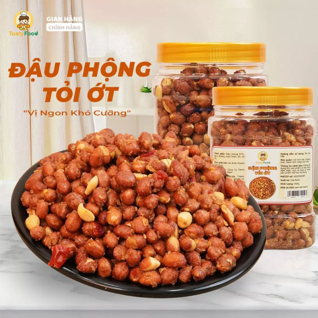 Đậu phộng tỏi ớt Tasty Food - Hũ vuông nhỏ 500g