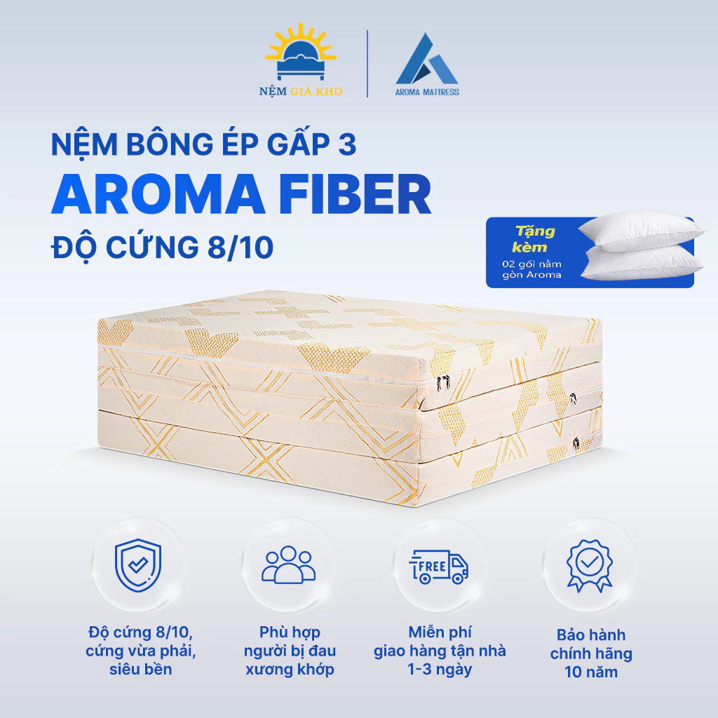 Nệm Bông Ép Gấp 3 Aroma Fiber ép cứng - Hỗ trợ thẳng lưng, Nâng đỡ cột sống - Bảo hành 10 năm