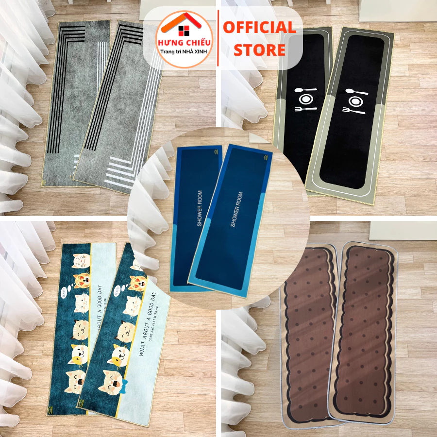 Bộ thảm bếp 2 tấm dài 40x120cm đế cao su chống trơn trượt thấm hút nước trang trí nhà cửa ED13