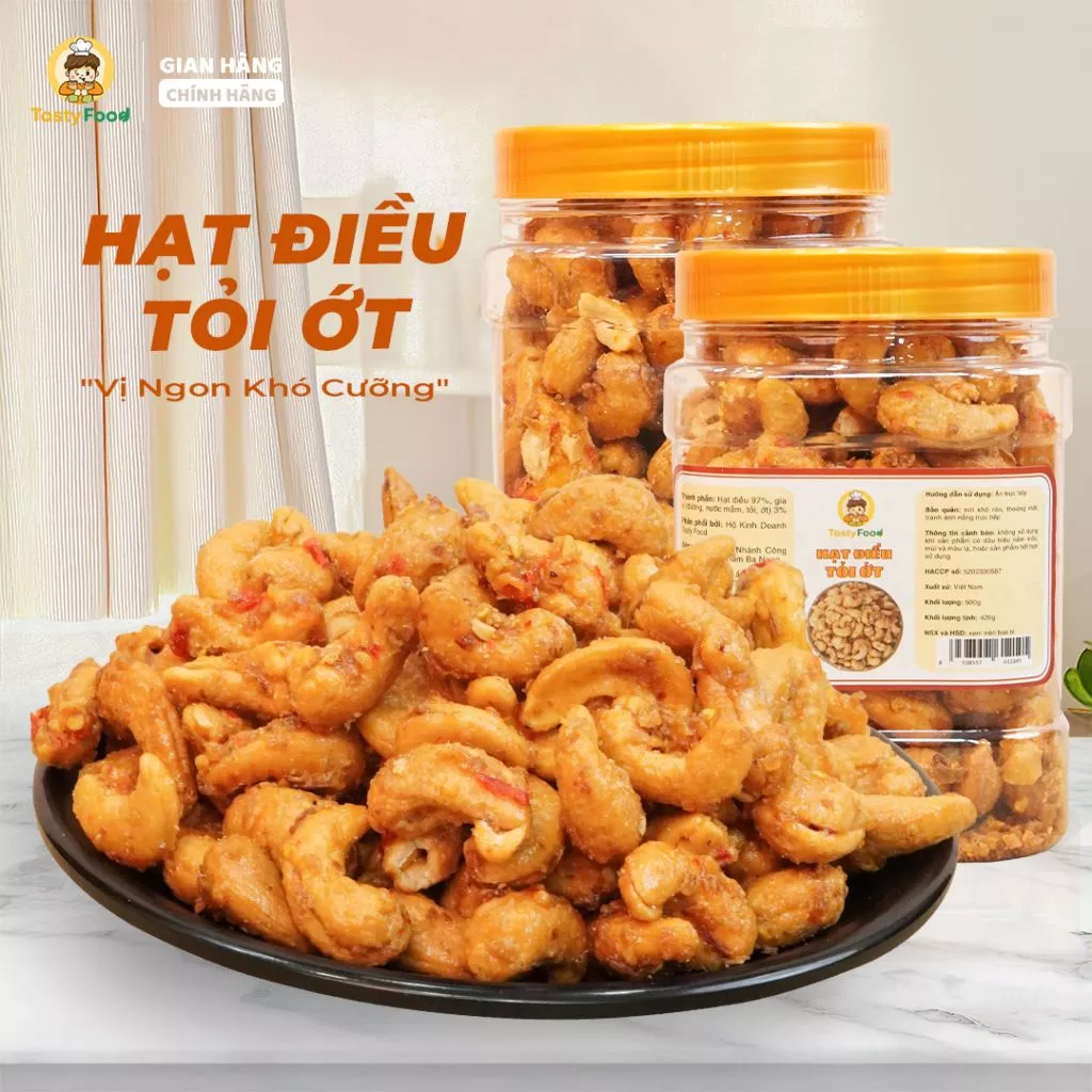 Hạt điều a cồ rang tỏi ớt Tasty Food - Hũ vuông nhỏ 500g