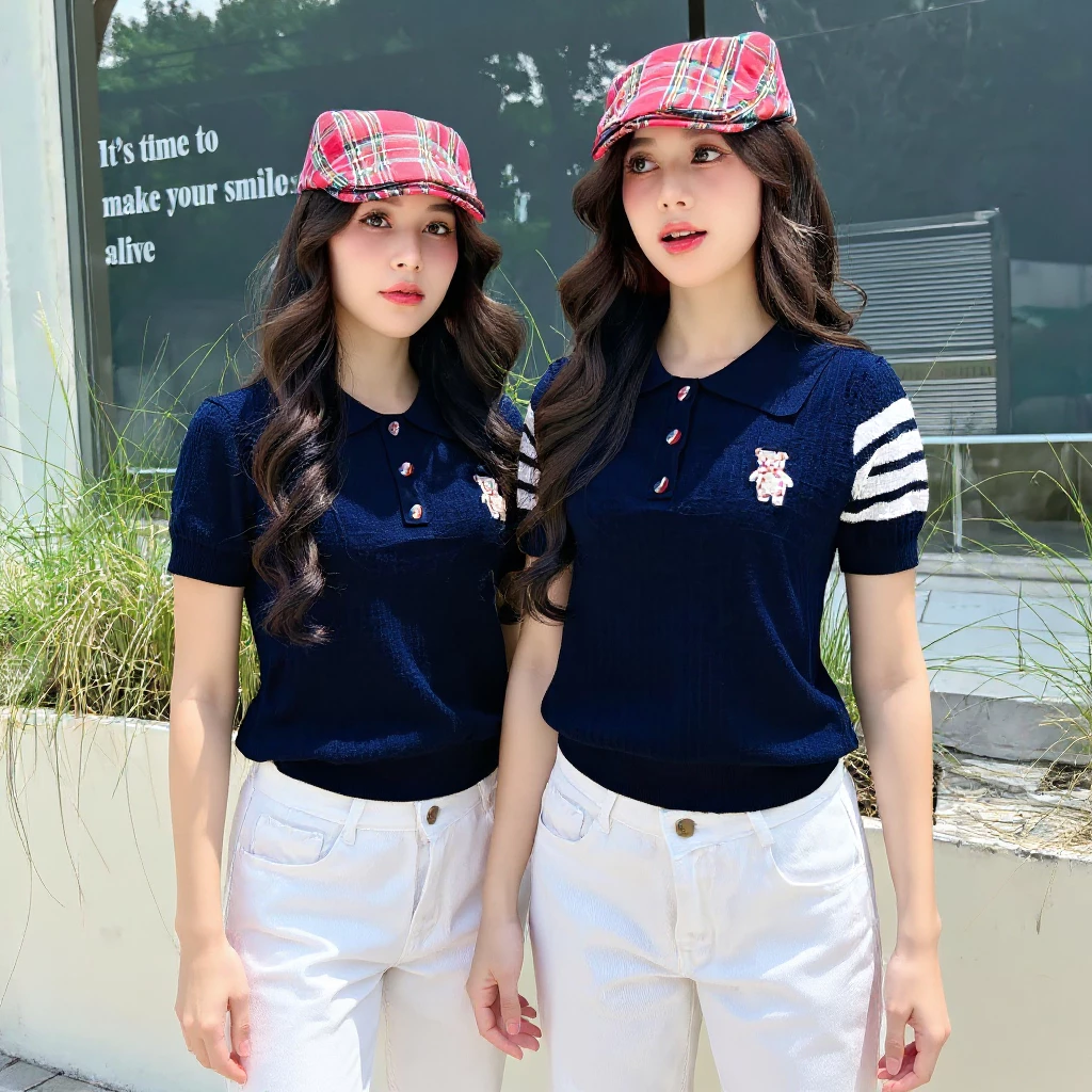 Áo Len Nữ Cổ Tròn Tay Kẻ Thêu Gấu – Phong Cách Basic Dễ Thương Queenstore