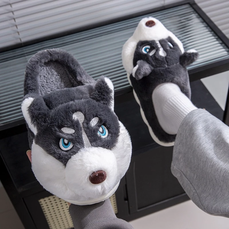 Dép Bông Hình Chó Husky Dễ Thương – Dép Đi Trong Nhà Mùa Đông Lót Lông Ấm Áp Unisex