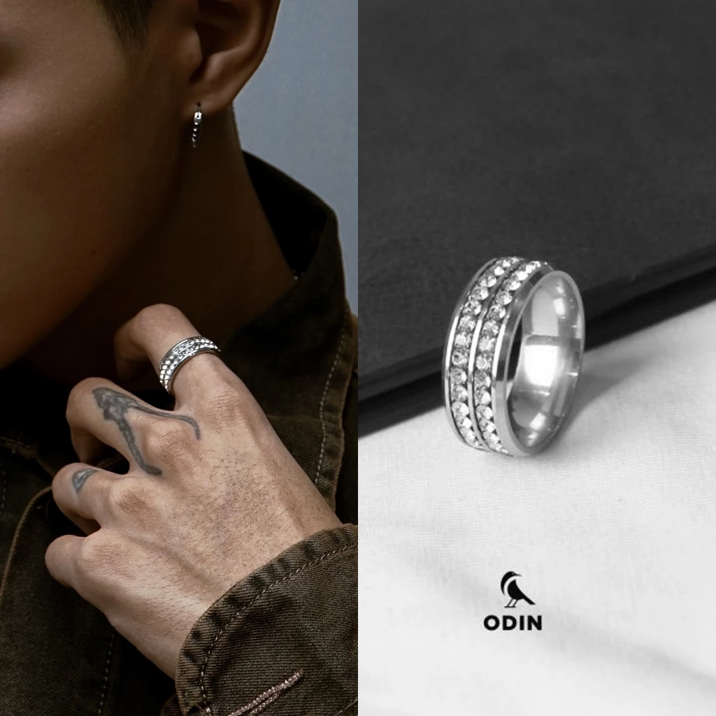 Nhẫn Ice Bling thép Titan đính đá ZC - ĐEN x TRẮNG