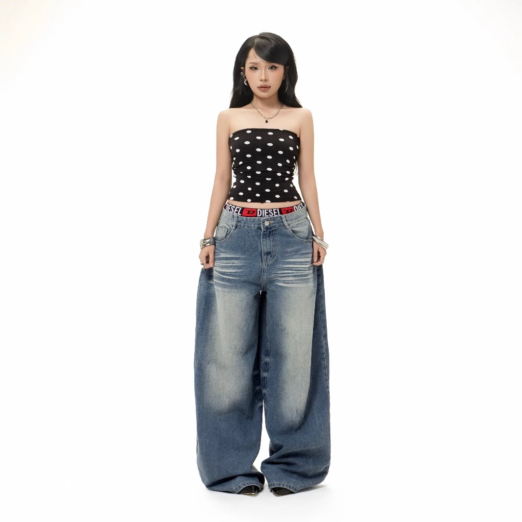 [ 𝐑𝐄𝐓𝐑𝐎 𝐂𝐇𝐈𝐂 𝐏𝐎𝐋𝐊𝐀 ] Áo ống tube chấm bi to 2 lớp đan dây lưng - Quần jeans wash 3D xanh đậm l BY DANEJI